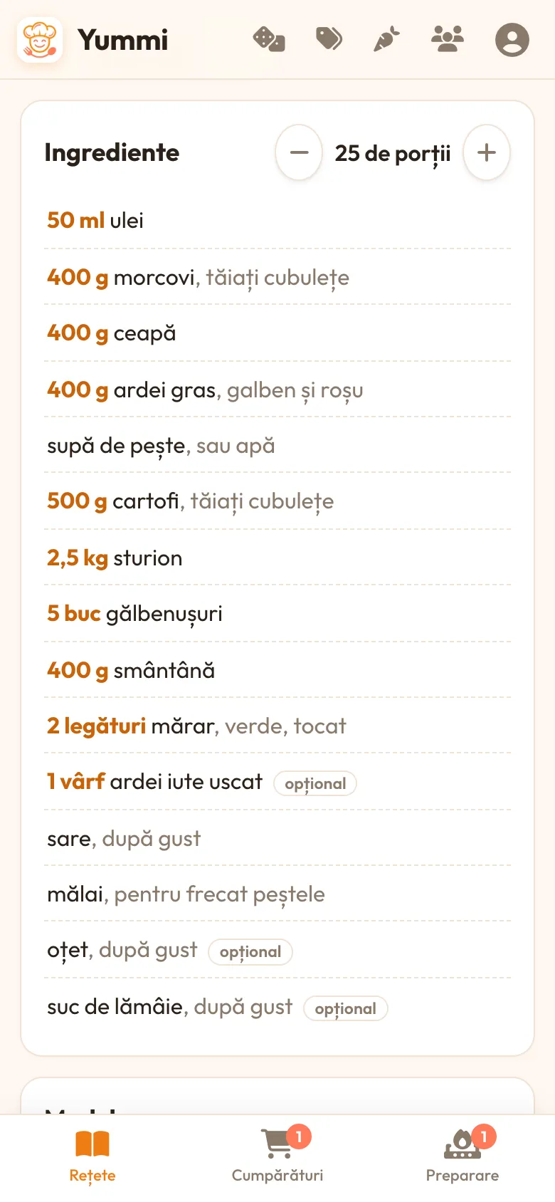 Ingredients with quantities and units from Yummi's list; optional items marked.